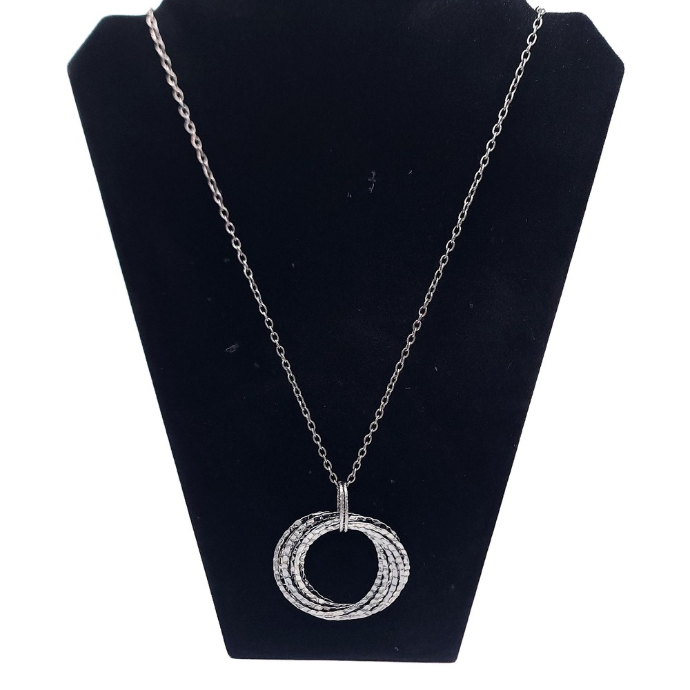 Gunmetal Hammered Circle Pendant Necklace Geometric Statement